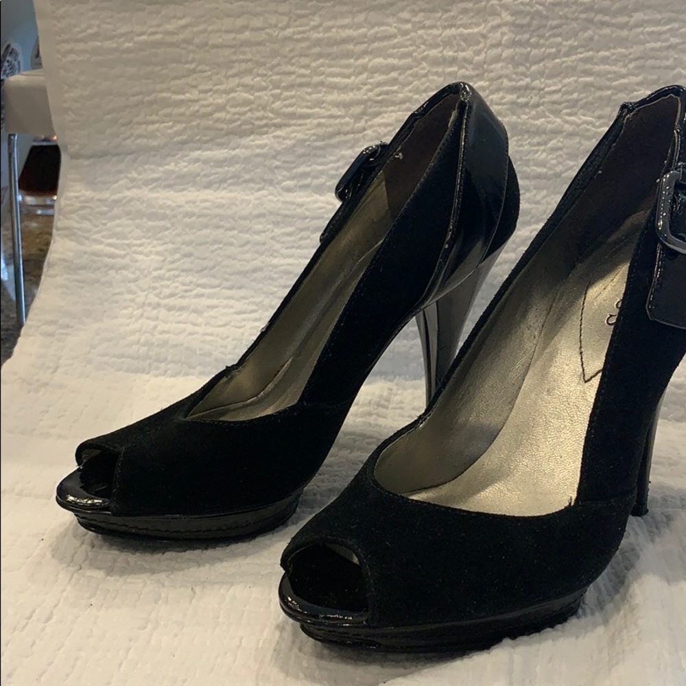 Black suede buckled 4 inch Heels with peekaboo toe